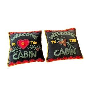 Whispering Pines Accent Pillows Black Welcome to the Cabin Rustic Wool Set of 2